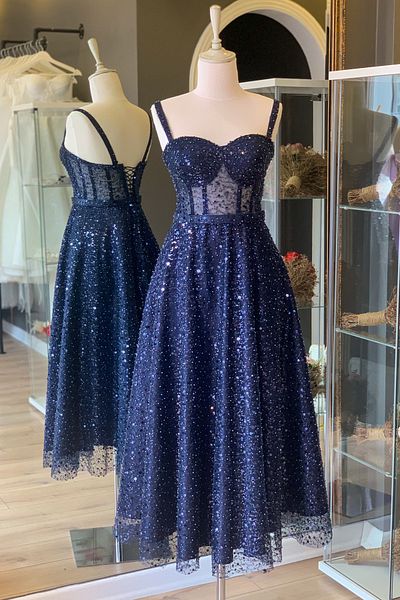 Lenta Moda Navy Blue Stoned Midi Length Evening Dress and Evening Dress