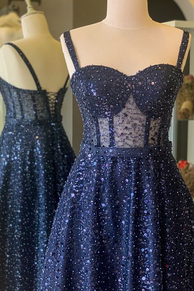 Lenta Moda Navy Blue Stoned Midi Length Evening Dress and Evening Dress