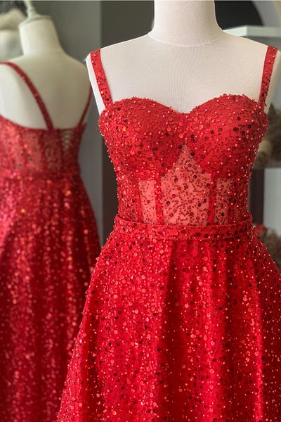 Lenta Moda Red Stoned Midi Length Evening Dress and Evening Dress