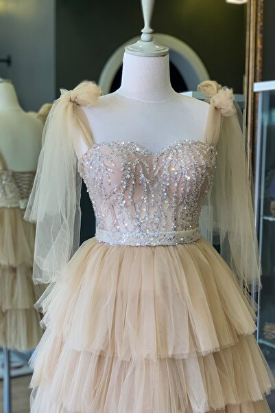 Lenta Moda Ten Rengi Dantel Kaplı Mini Gece Ve Parti Elbisesi