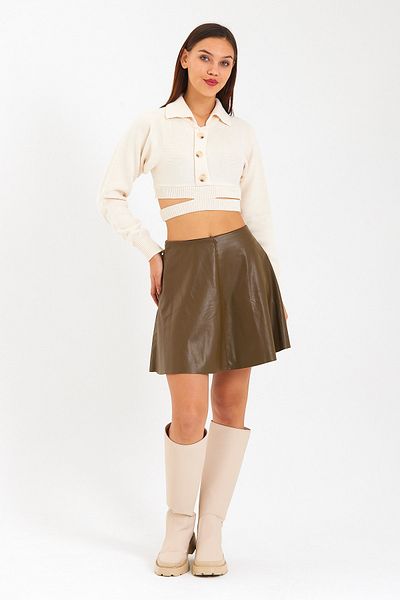 soBasic Fustă mini din piele evazată kaki cu talie elastică