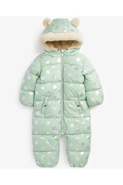 Next Baby Green Metallic Polka Dot Patterned Waterproof Fleece Lined Snow Jumpsuit