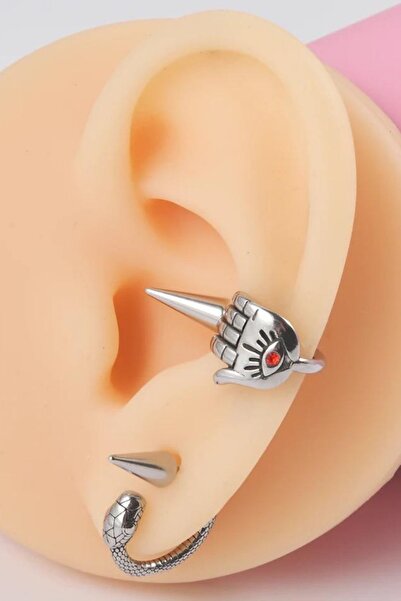 Jaida Moda Unisex Gri Kuru Kafa Figürlü Spayk Tasarım Çelik Küpe