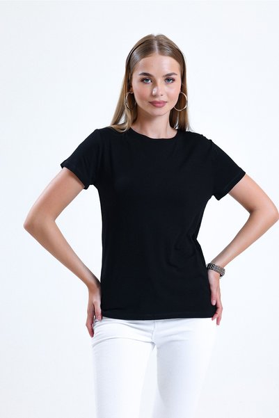 SİSTERS2HC Women's Basic Round Crew Neck Viscose Black T-shirt