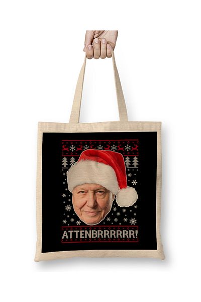Baskı Dükkanı Attenbrrrrrr David Attenborough Χριστουγεννιάτικη πλεκτή υφασμάτινη τσάντα με μακριά λαβή