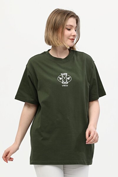 Owut Collection Πλεκτό μπλουζάκι Unisex Πράσινο 100% Βαμβάκι με στάμπα Oversize με ψηλό γιακά