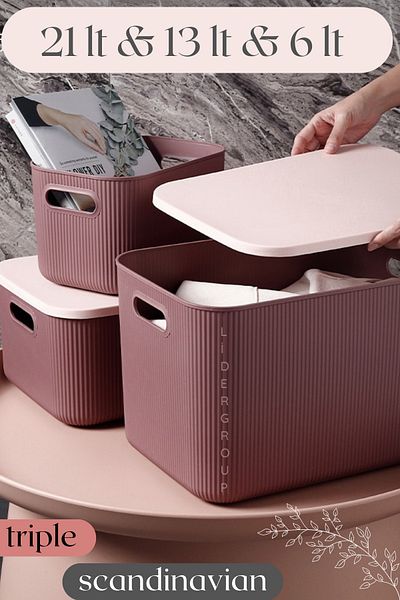 LİGROUND Triple 6 lt & 13 lt & 21 lt Storage Box with Lid - Organizer - Decorative Box
