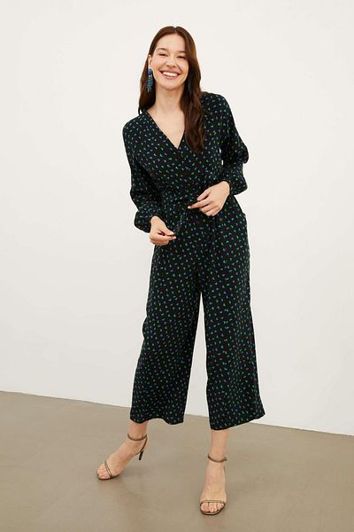 Hanna's by Hanna Darsa Women's V-Neck Buttoned Front Long Sleeve Belted Waist Printed Patterned Cotton Woven Jumpsuit