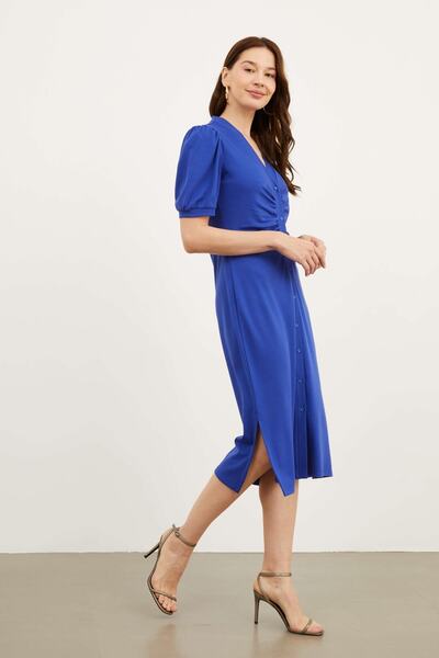 Hanna's by Hanna Darsa Women's Midi Length V Neck Front Buttoned Watermelon Sleeve Knitted Dress