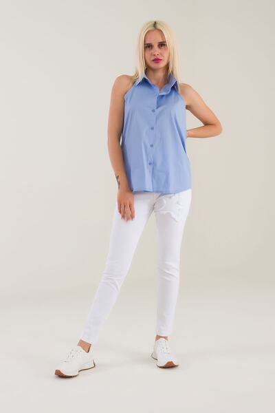 Bold & Young Cămașă albastră din popelin lycra fără mâneci pentru femei