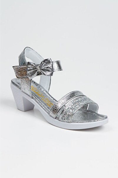 Sare Çocuk Giyim Girl's Double Stripe Gray Glitter Heeled Evening Dress Shoes