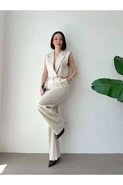 AÈC PRIVÈ Women's Trend of the Season Striped Linen Crop Vest Trousers Bottom Top Set 4787
