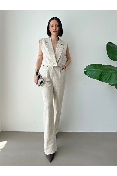 AÈC PRIVÈ Women's Trend of the Season Striped Linen Crop Vest Trousers Bottom Top Set 4787