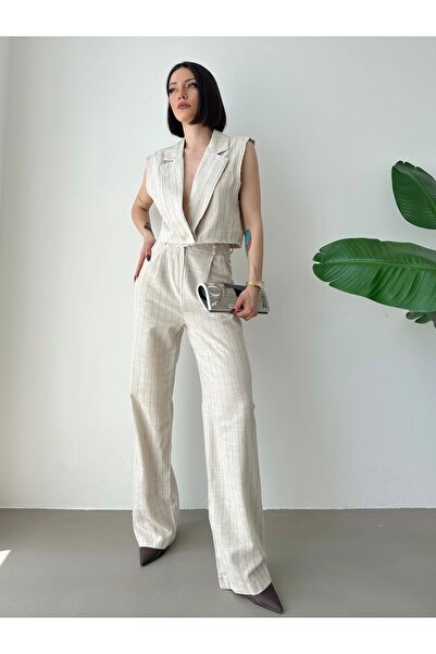 AÈC PRIVÈ Women's Trend of the Season Striped Linen Crop Vest Trousers Bottom Top Set 4787