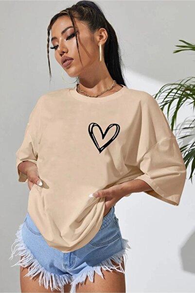 blausee wear Μπλουζάκι Unisex Minimal Heart με τύπωμα με λαιμόκοψη από βαμβάκι oversized Boyfriend