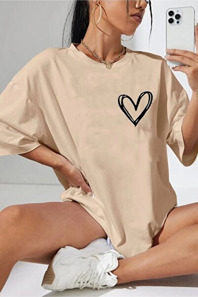 blausee wear Μπλουζάκι Unisex Minimal Heart με τύπωμα με λαιμόκοψη από βαμβάκι oversized Boyfriend