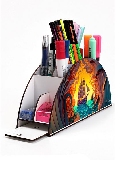 kutuTR Wooden VIP Ocean Series Rainbow Ruled Desktop Pen Holder Organizer with Assembled Box