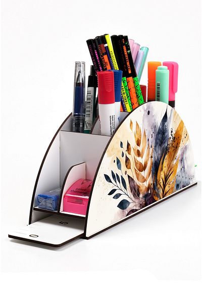 kutuTR Wooden VIP Forest and Leaves Series Desktop Pen Holder Organizer with Rainbow Ruler Assembled Box