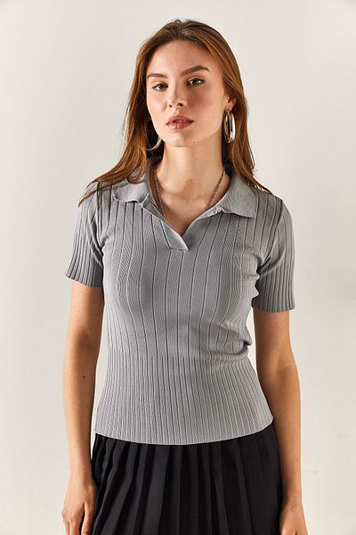 Olalook Women's Gray Polo Neck Corded Knitwear Blouse BLZ-19001833