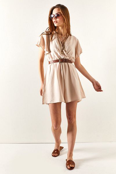 Olalook Damen-Jumpsuit mit zweireihigem Kragen, elastischer Taille und Shorts in Stein TLM-19000146