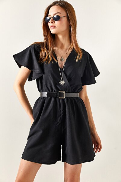 Olalook Women's Black Double-breasted Collar Elastic Waist Shorts Jumpsuit TLM-19000146