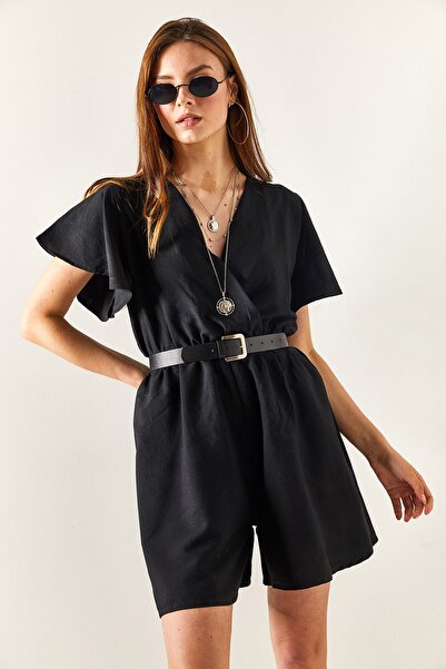 Olalook Women's Black Double-breasted Collar Elastic Waist Shorts Jumpsuit TLM-19000146