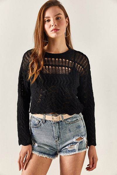 Olalook Γυναικεία Πλεκτή Μπλούζα Μαύρη ανοιχτή Crop BLZ-19002328