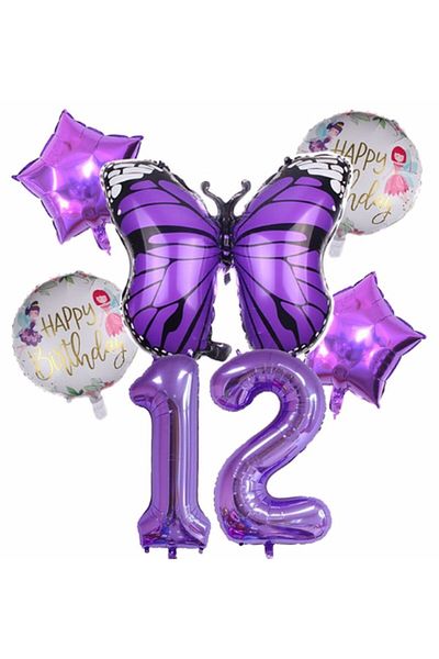 Parti Station Purple Butterfly Purple Color 12 Years Old Number Balloon Set Birthday Party Purple Color Helium Balloon Purple Number Balloon