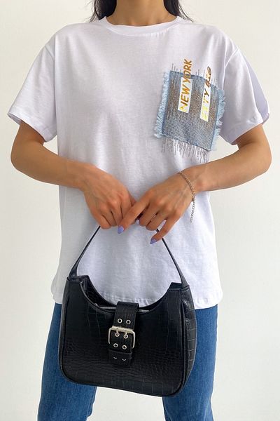 FEMELLE Women's White New Season Pocket Leaf Printed Cotton T-Shirt with Denim Detail