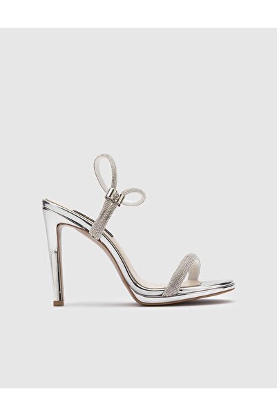 İLVİ Durgesh Genuine Leather Women's Silver Stone Heeled Sandals