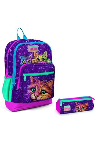 Coral High Mor Kedi İlkokul Sırt Çantası ve Kalemlik Seti
