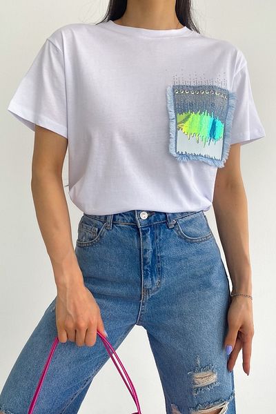 FEMELLE Women's White New Season Pocket Denim Beaded Embroidered Foil Patterned Cotton T-Shirt