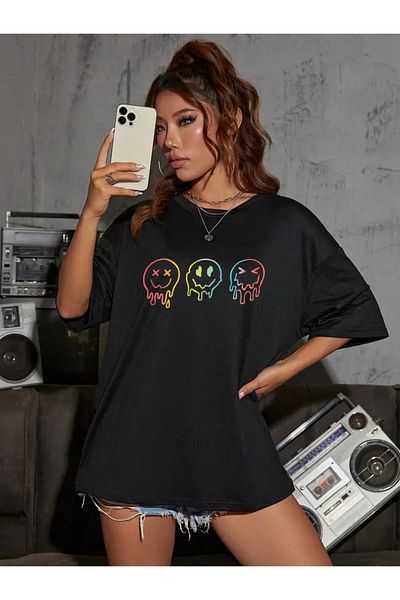 trendgar Πολύχρωμο Smile Printed Μαύρο T-Shirt