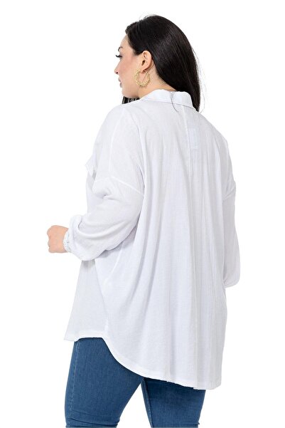 DISENTIS MODEST Large Size White Shirt with Pocket Cover Detail and Elastic Sleeve Mouth