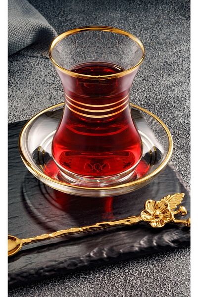 DECOSTYLE GLORE Gold Striped 12 Piece Slim Waist Tea Set for 6 people