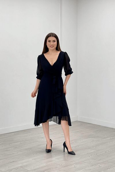 giyimmasalı Chiffon Fabric Flounce Detailed Evening Dress - BLACK