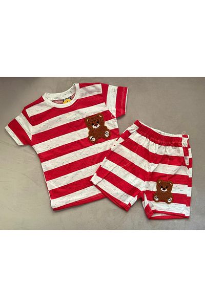 SANTRALBEBE Boy's Striped Teddy Bear Shorts Set