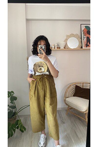 Genel Markalar YAĞ YEŞİLİ SLOUCHY KADİFE PANTOLON