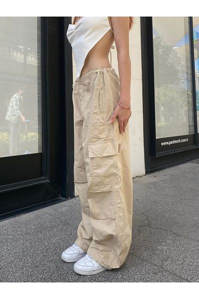 Gofeel Streetwear Baggy Cargo Τσέπες με ελαστική μέση κρεμ χρώμα Unisex φαρδύ παντελόνι