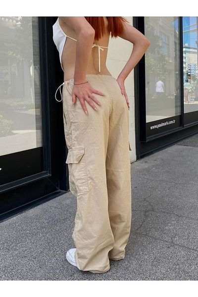 Gofeel Streetwear Baggy Cargo Τσέπες με ελαστική μέση κρεμ χρώμα Unisex φαρδύ παντελόνι
