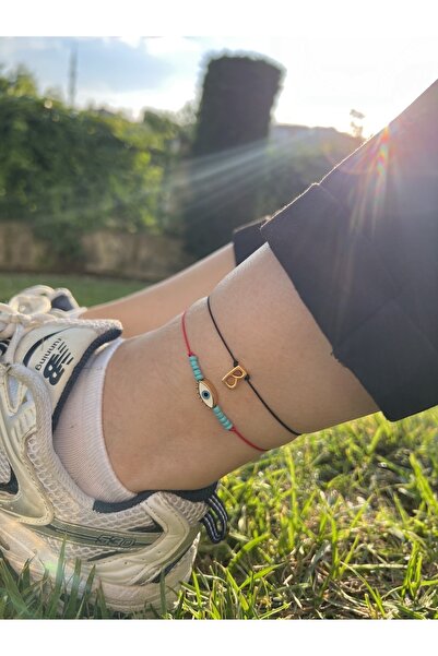 BY DİLEK ÇETİN ACCESSORY Siyah kırmızı B harfi ip halhal