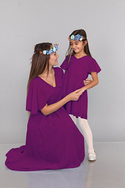 MODA LABİO Anne Kız Çocuk Mor Melek Kollu Elbise