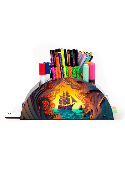 kutuTR Wooden VIP Ocean Series Rainbow Ruled Desktop Pen Holder Organizer with Assembled Box