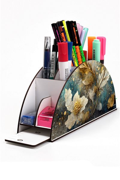 kutuTR Wooden VIP Aİ Model Series Desktop Pen Holder Organizer with Rainbow Ruler Assembled Box