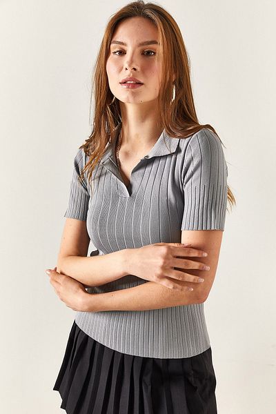 Olalook Women's Gray Polo Neck Corded Knitwear Blouse BLZ-19001833