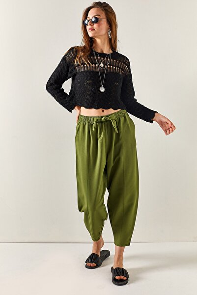 Olalook Kadın Haki Cepli Dikiş Detaylı Keten Şalvar Pantolon PNT-19000234