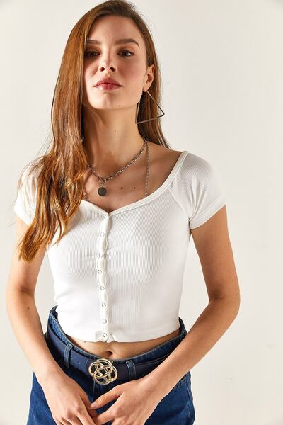 Olalook Γυναικεία μπλούζα με κουμπωτά λαιμού λευκή βάρκα Lycra Crop BLZ-19002332