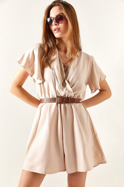 Olalook Damen-Jumpsuit mit zweireihigem Kragen, elastischer Taille und Shorts in Stein TLM-19000146