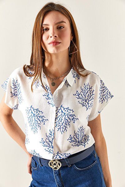 Olalook Γυναικείο μπλουζάκι από λινό μπλουζάκι με μπλε σχέδιο GML-19001129