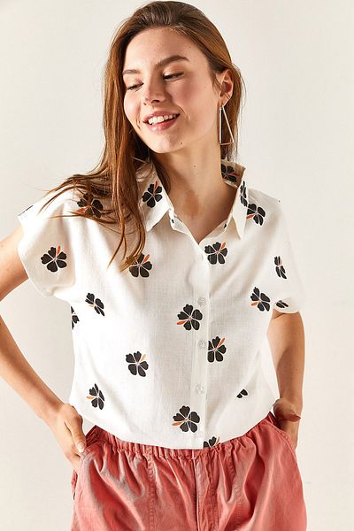 Olalook Dámská lněná netopýří košile s černým vzorem Daisy GML-19001129
